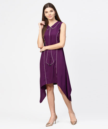 Purple Sleeveless A-Line Dress With Piping Work | LASVINI - Redefining Indian Fashion with Elegance
