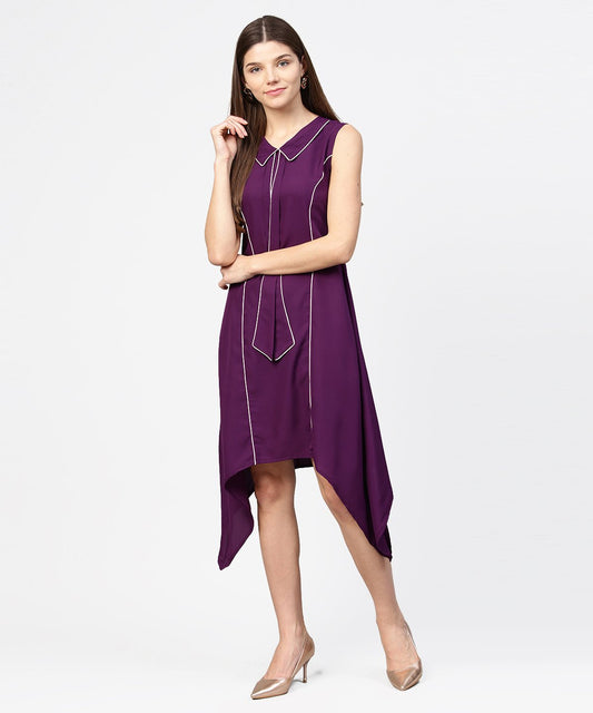 Purple Sleeveless A-Line Dress With Piping Work | LASVINI - Redefining Indian Fashion with Elegance