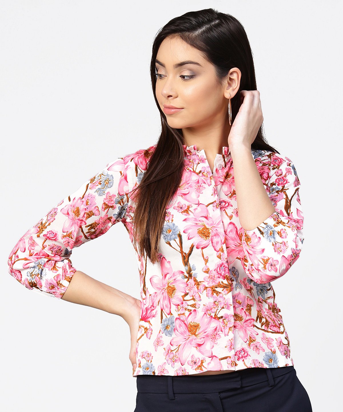 Pink Flower Print Full Sleeve Crop Tops | LASVINI - Redefining Indian Fashion with Elegance