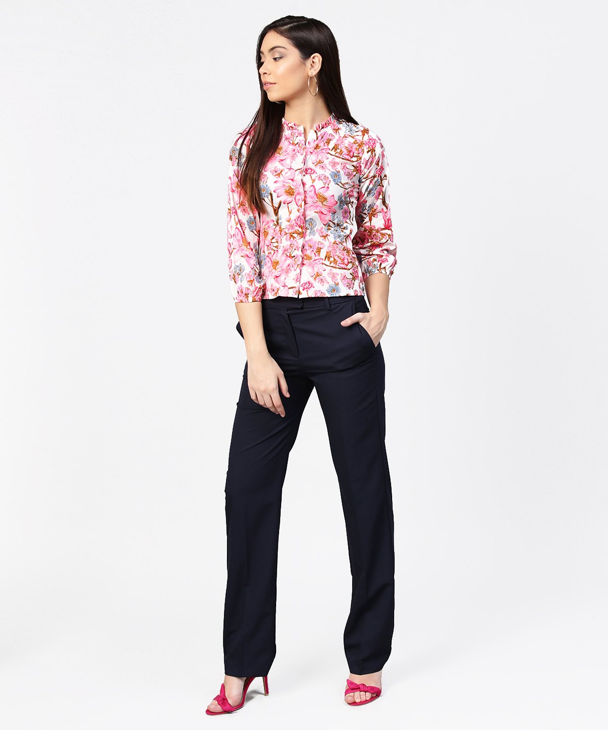 Pink Flower Print Full Sleeve Crop Tops | LASVINI - Redefining Indian Fashion with Elegance