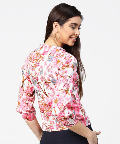 Pink Flower Print Full Sleeve Crop Tops | LASVINI - Redefining Indian Fashion with Elegance