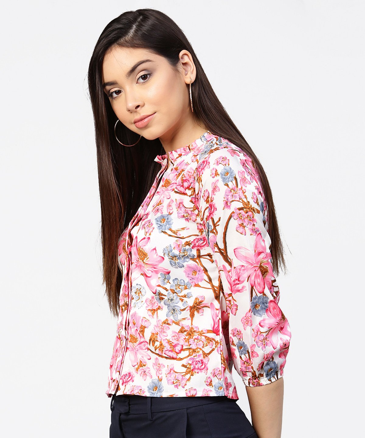 Pink Flower Print Full Sleeve Crop Tops | LASVINI - Redefining Indian Fashion with Elegance