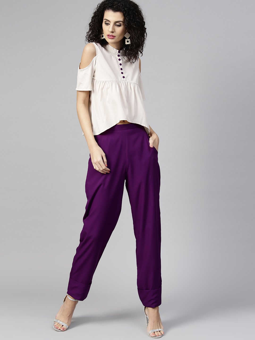 Women Off-White & Purple Solid Top With Trousers | LASVINI - Redefining Indian Fashion with Elegance