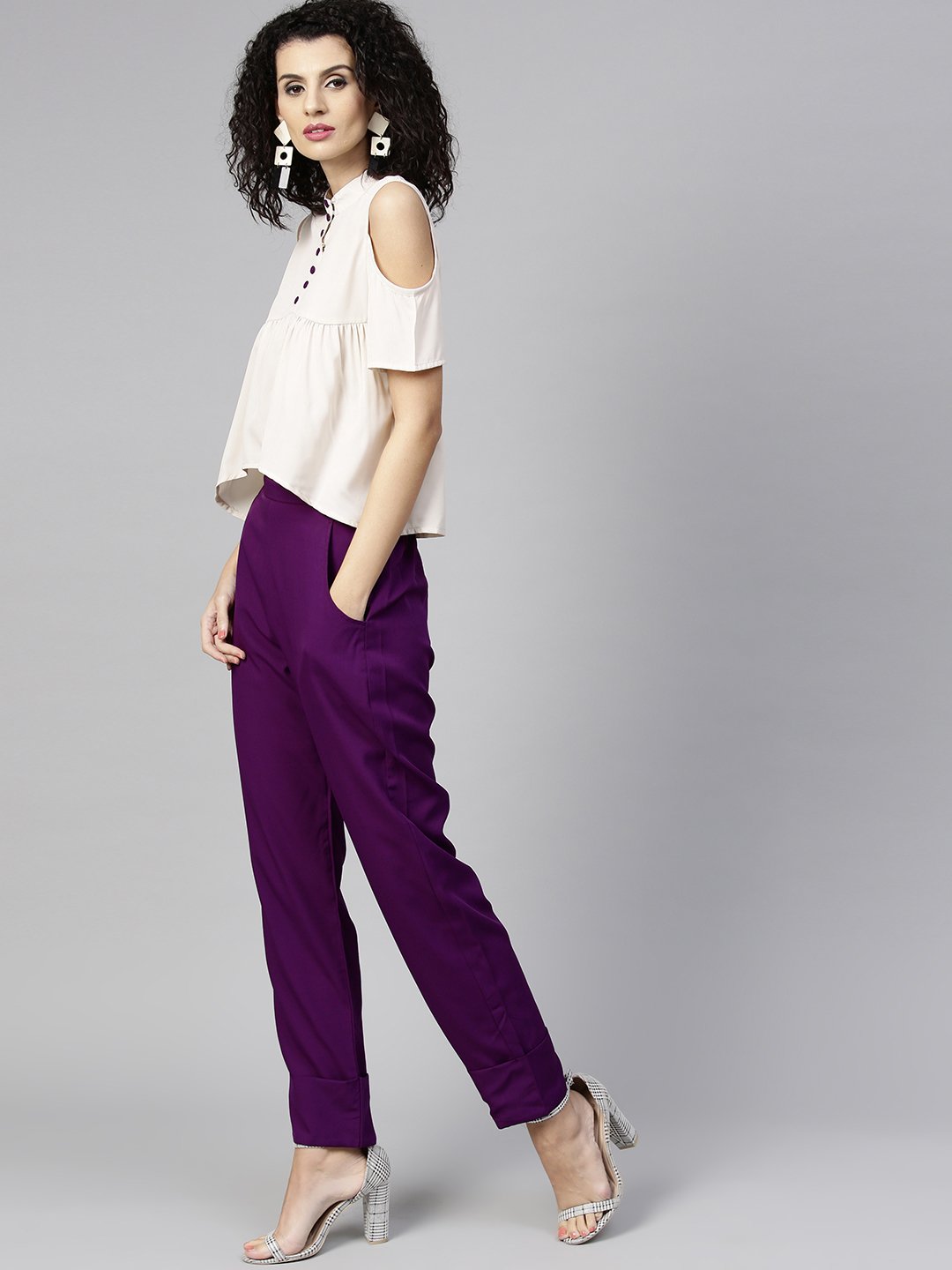 Women Off-White & Purple Solid Top With Trousers | LASVINI - Redefining Indian Fashion with Elegance