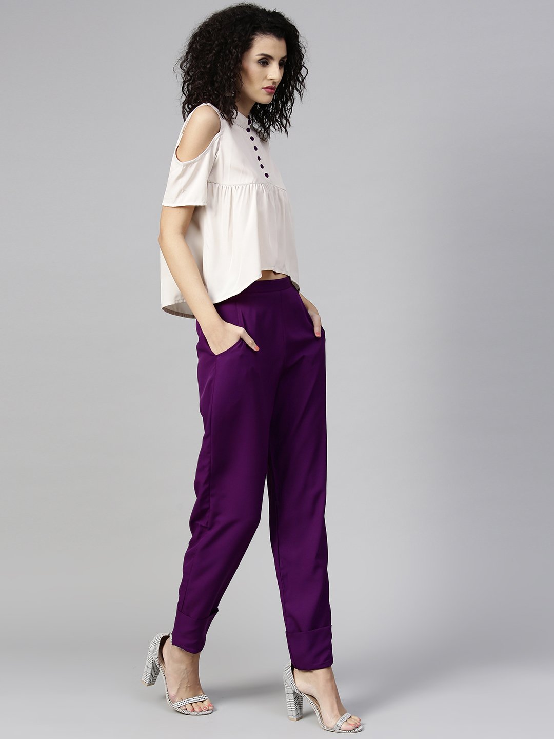 Women Off-White & Purple Solid Top With Trousers | LASVINI - Redefining Indian Fashion with Elegance