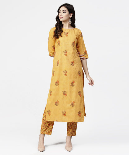 Yellow 3/4Th Sleeve Cotton Kurta With Ankle Length Printed Pallazo | LASVINI - Redefining Indian Fashion with Elegance
