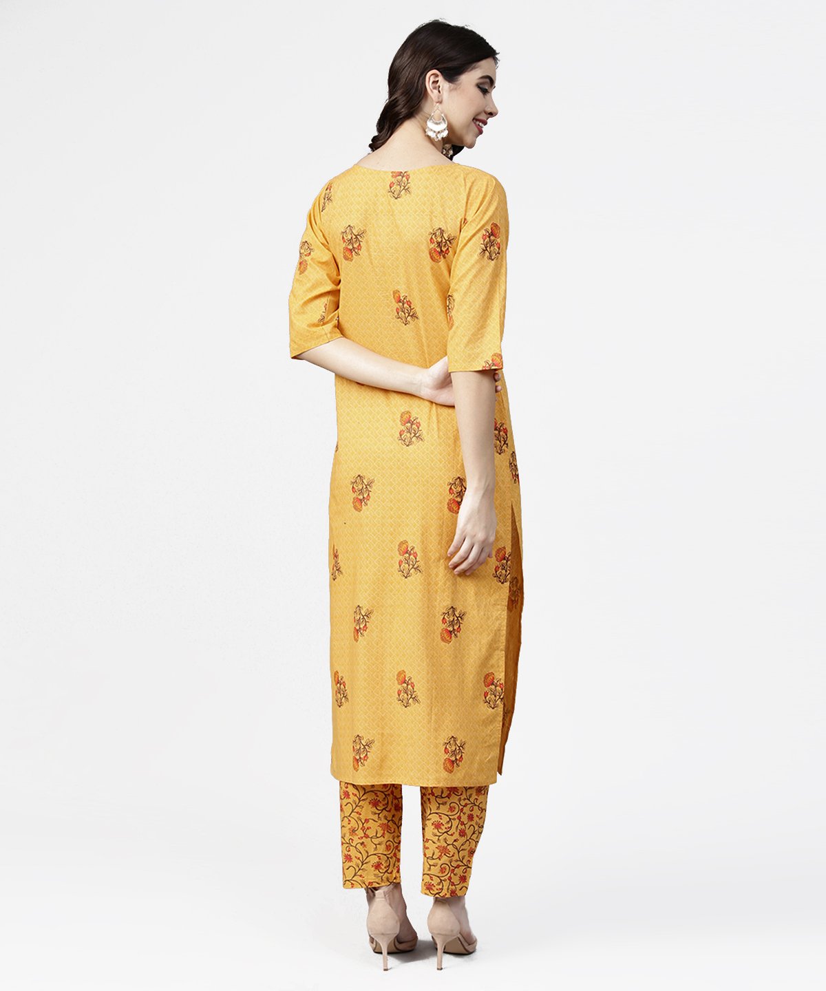 Yellow 3/4Th Sleeve Cotton Kurta With Ankle Length Printed Pallazo | LASVINI - Redefining Indian Fashion with Elegance