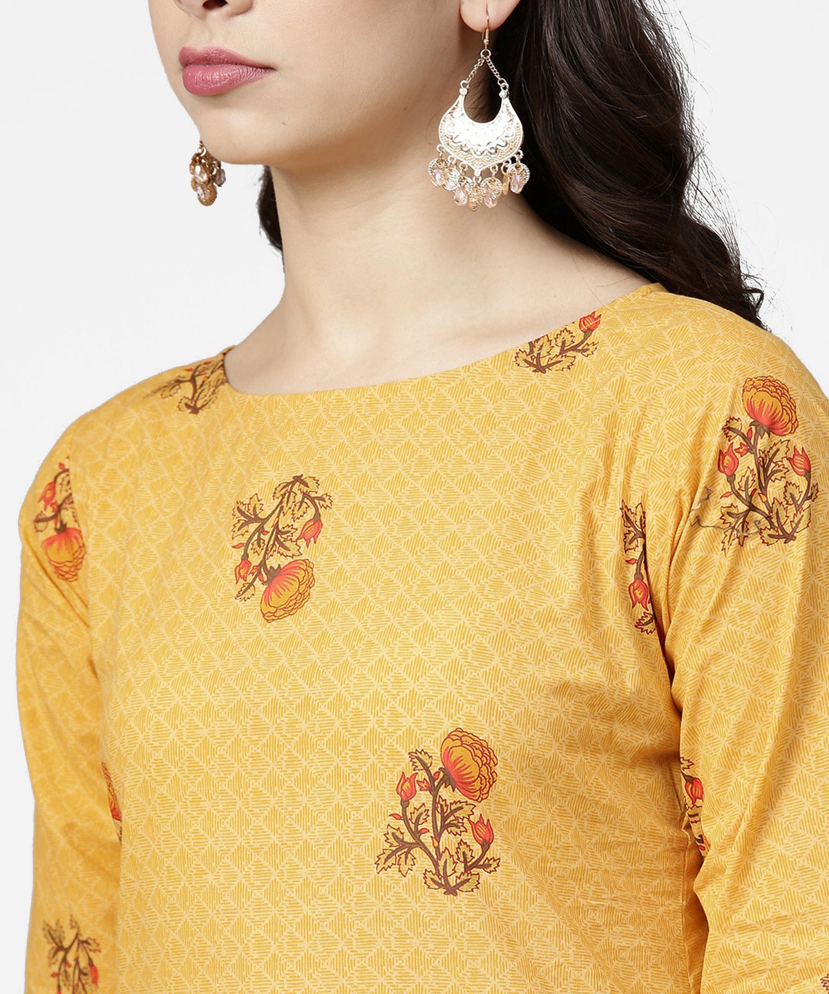 Yellow 3/4Th Sleeve Cotton Kurta With Ankle Length Printed Pallazo | LASVINI - Redefining Indian Fashion with Elegance