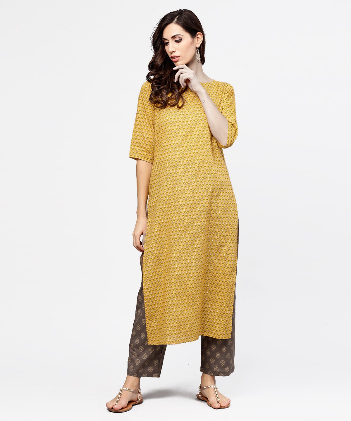 Yellow 3/4Th Sleeve Cotton Kurta With Grey Printed Pallazo | LASVINI - Redefining Indian Fashion with Elegance