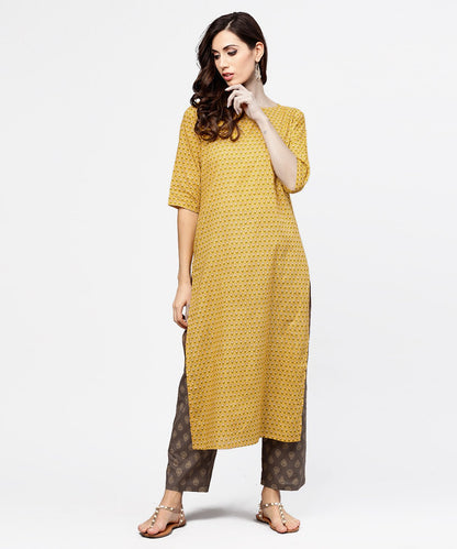 Yellow 3/4Th Sleeve Cotton Kurta With Grey Printed Pallazo | LASVINI - Redefining Indian Fashion with Elegance