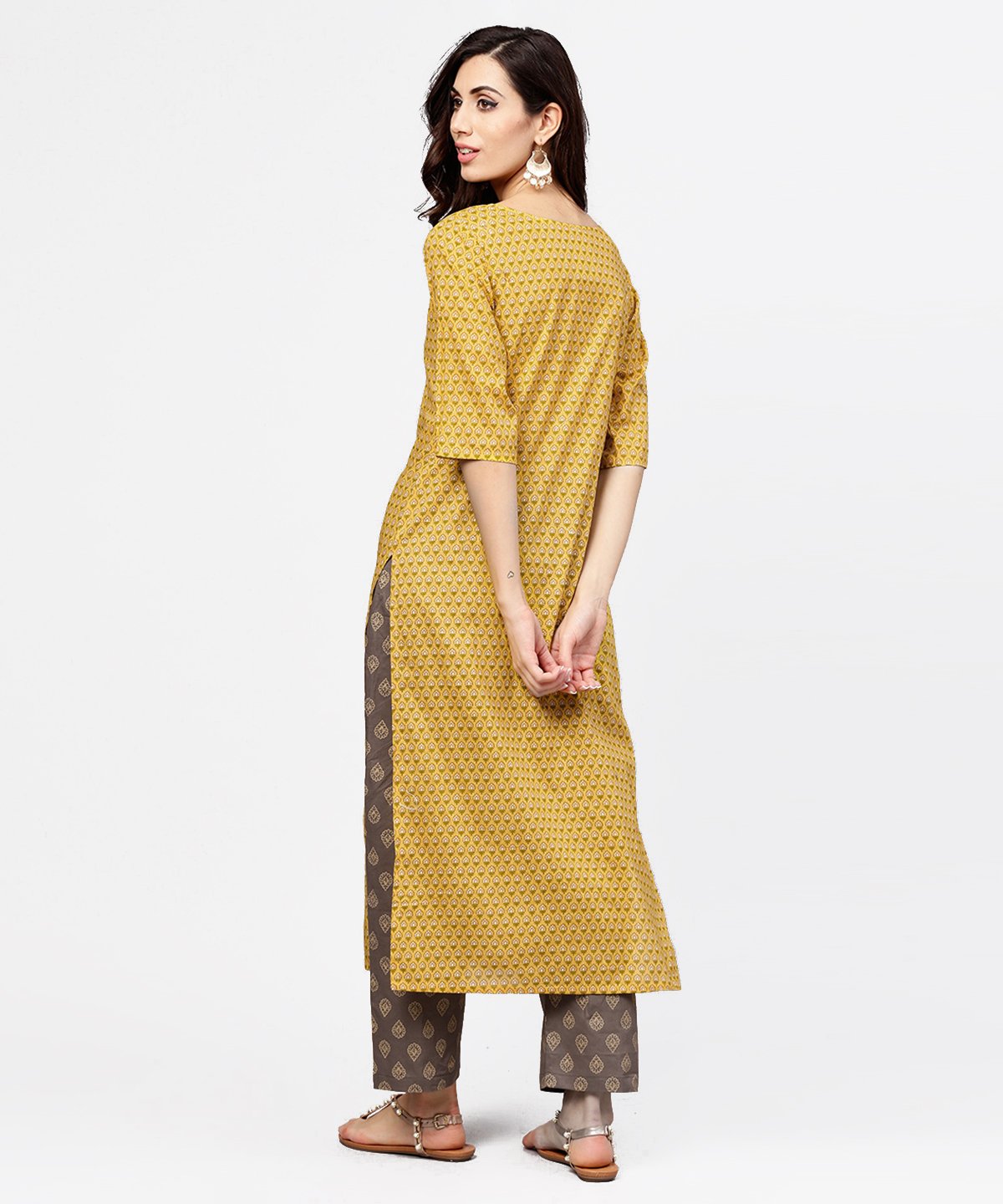 Yellow 3/4Th Sleeve Cotton Kurta With Grey Printed Pallazo | LASVINI - Redefining Indian Fashion with Elegance