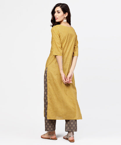 Yellow 3/4Th Sleeve Cotton Kurta With Grey Printed Pallazo | LASVINI - Redefining Indian Fashion with Elegance