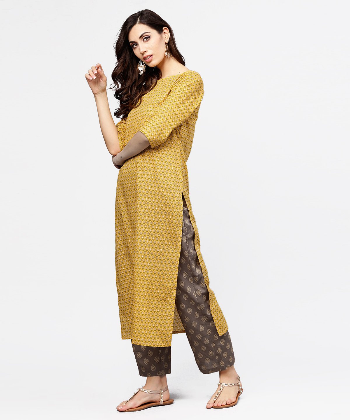 Yellow 3/4Th Sleeve Cotton Kurta With Grey Printed Pallazo | LASVINI - Redefining Indian Fashion with Elegance