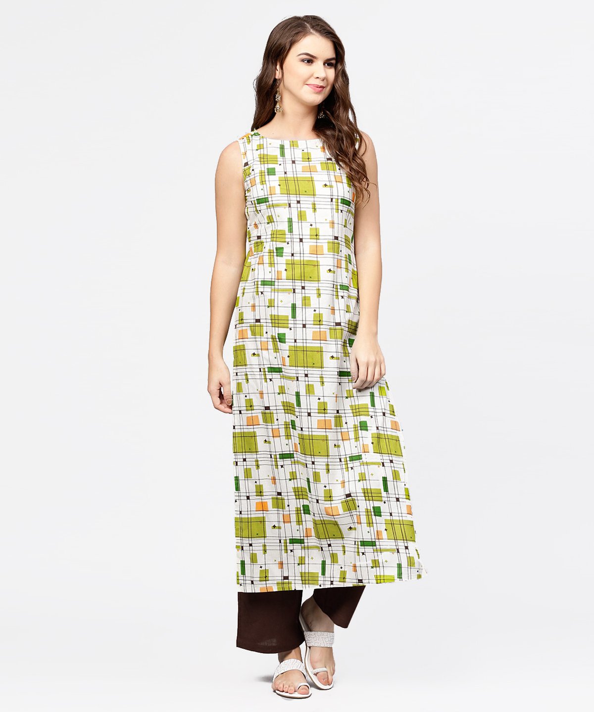 Off White & Green Printed Sleeveless Cotton Kurta With Coffee Ankle Length Pallazo | LASVINI - Redefining Indian Fashion with Elegance