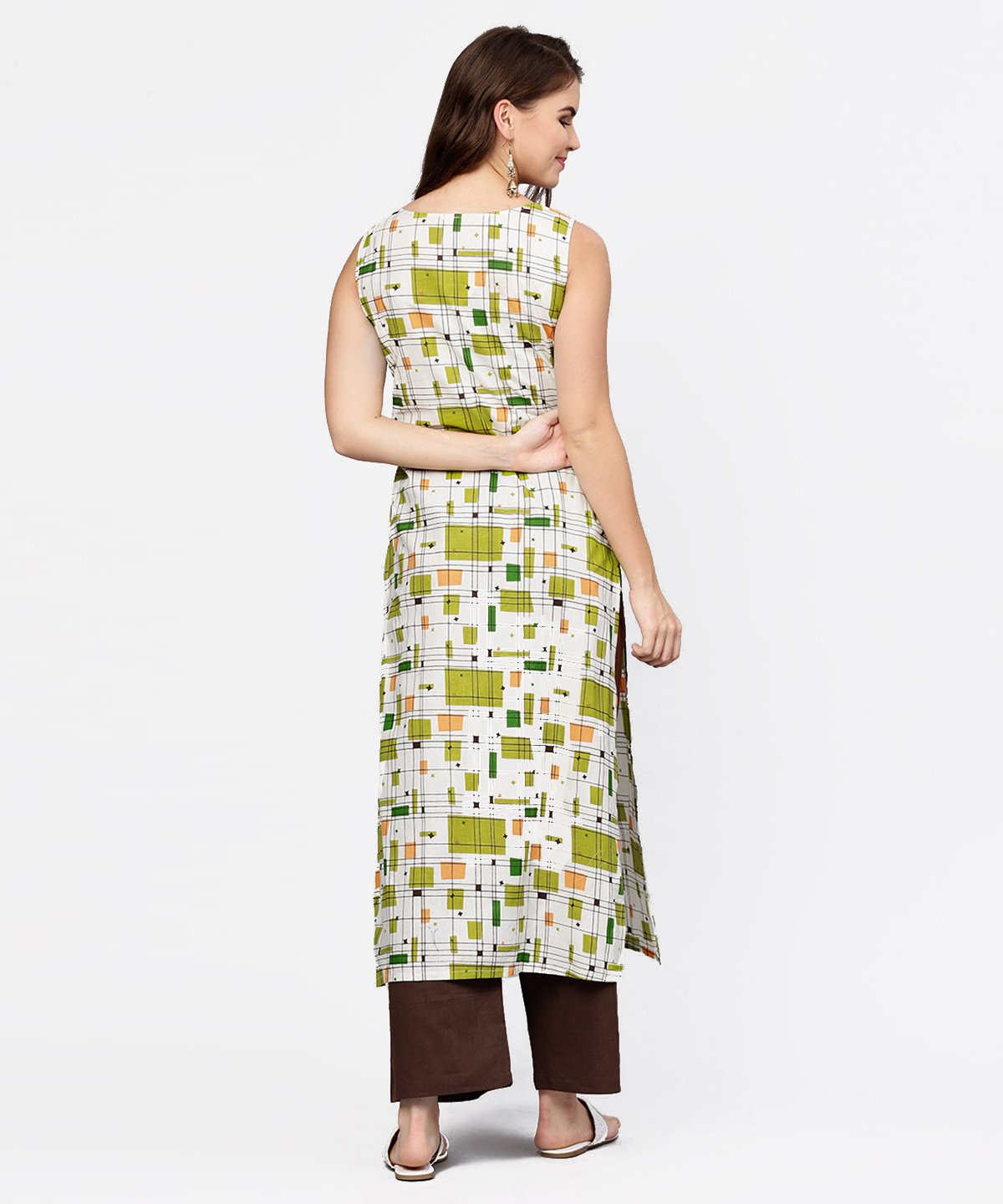 Off White & Green Printed Sleeveless Cotton Kurta With Coffee Ankle Length Pallazo | LASVINI - Redefining Indian Fashion with Elegance