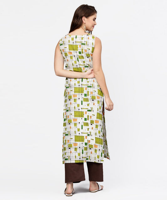 Off White & Green Printed Sleeveless Cotton Kurta With Coffee Ankle Length Pallazo | LASVINI - Redefining Indian Fashion with Elegance