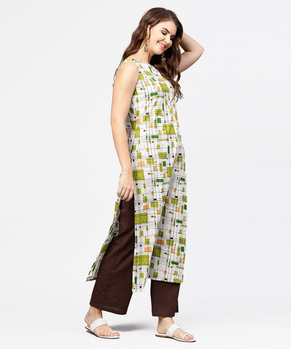 Off White & Green Printed Sleeveless Cotton Kurta With Coffee Ankle Length Pallazo | LASVINI - Redefining Indian Fashion with Elegance