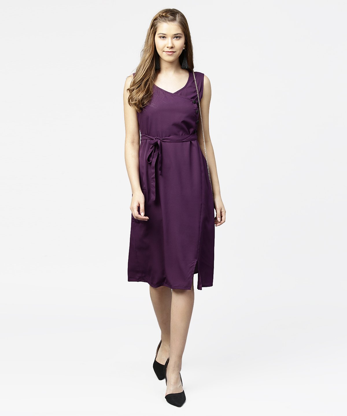Purple Sleeveless A-Line Dress With Belt | LASVINI - Redefining Indian Fashion with Elegance