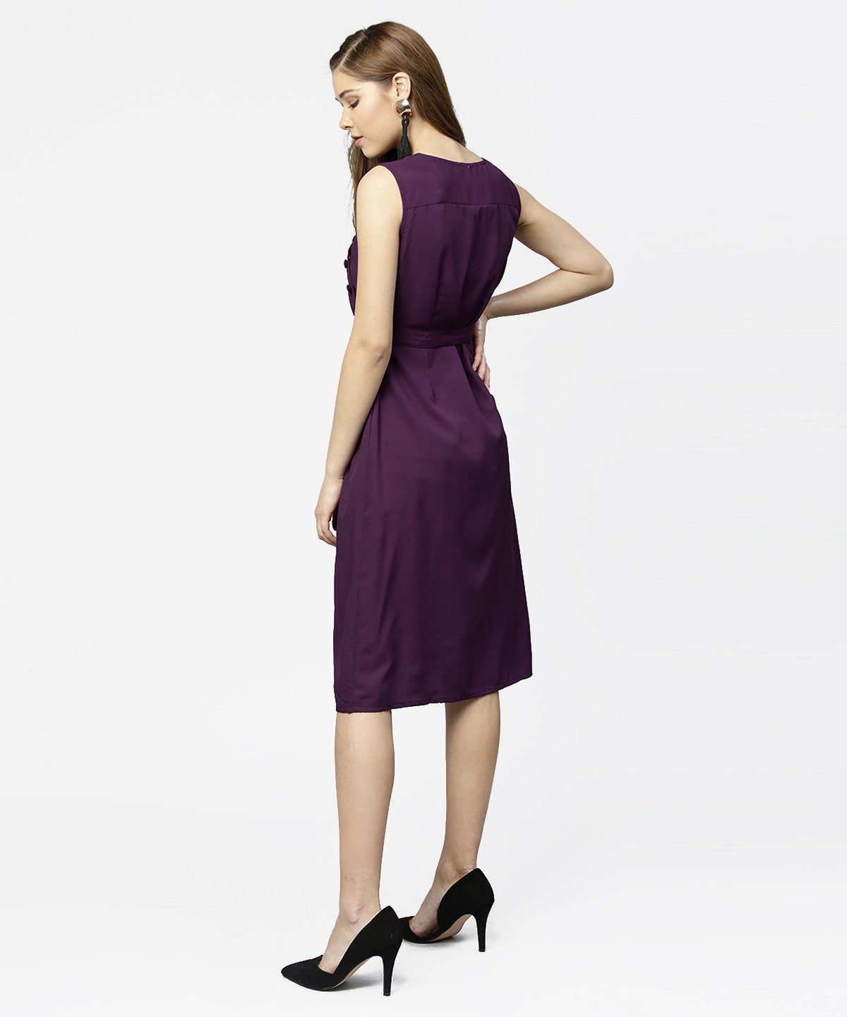 Purple Sleeveless A-Line Dress With Belt | LASVINI - Redefining Indian Fashion with Elegance