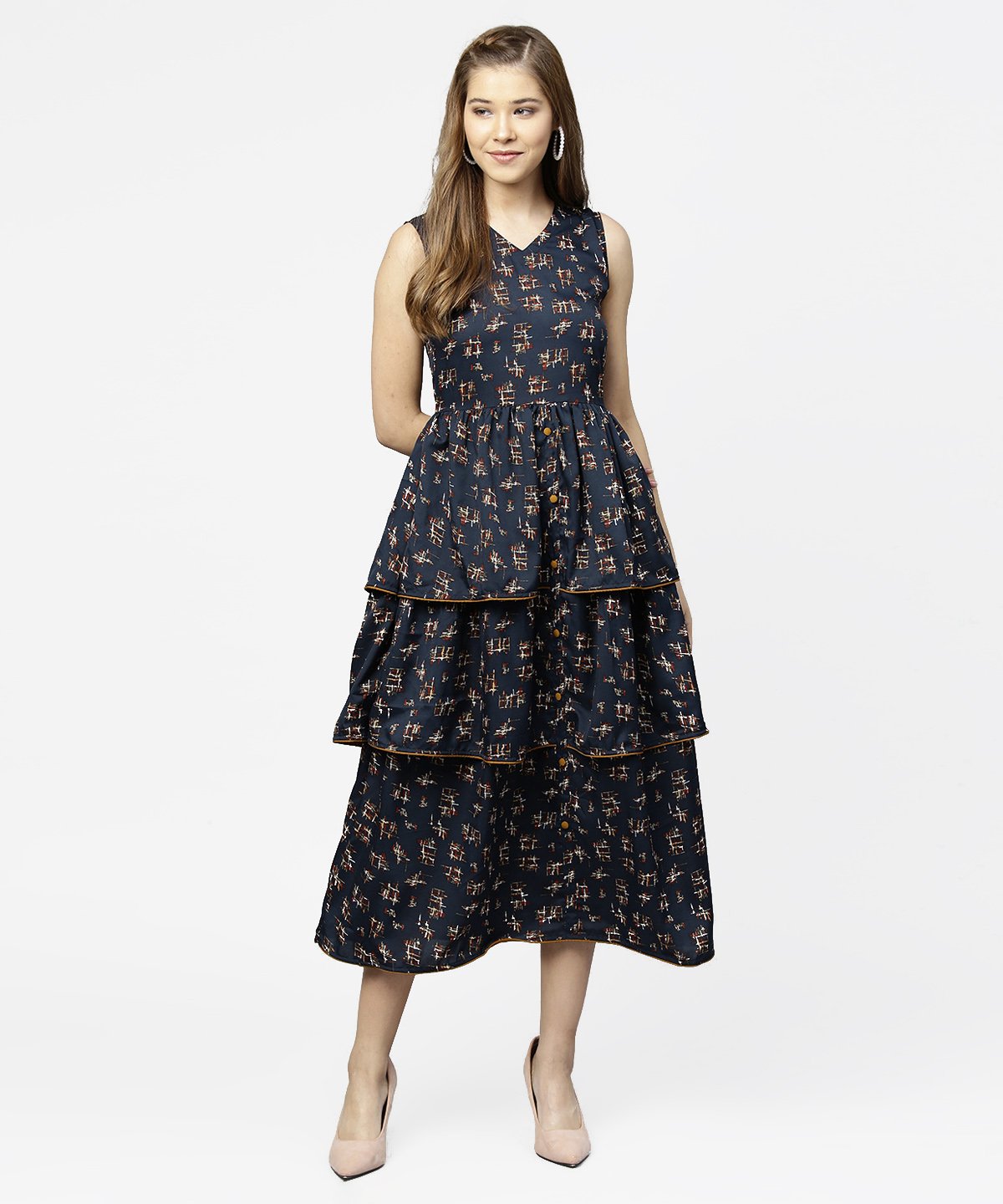 Blue Sleeveless Crepe Printed Multi Layred Maxi Dress | LASVINI - Redefining Indian Fashion with Elegance