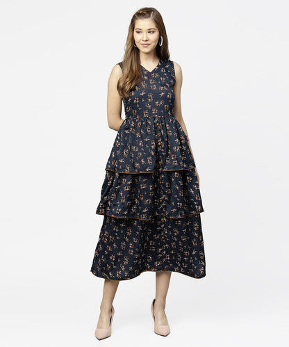 Blue Sleeveless Crepe Printed Multi Layred Maxi Dress | LASVINI - Redefining Indian Fashion with Elegance
