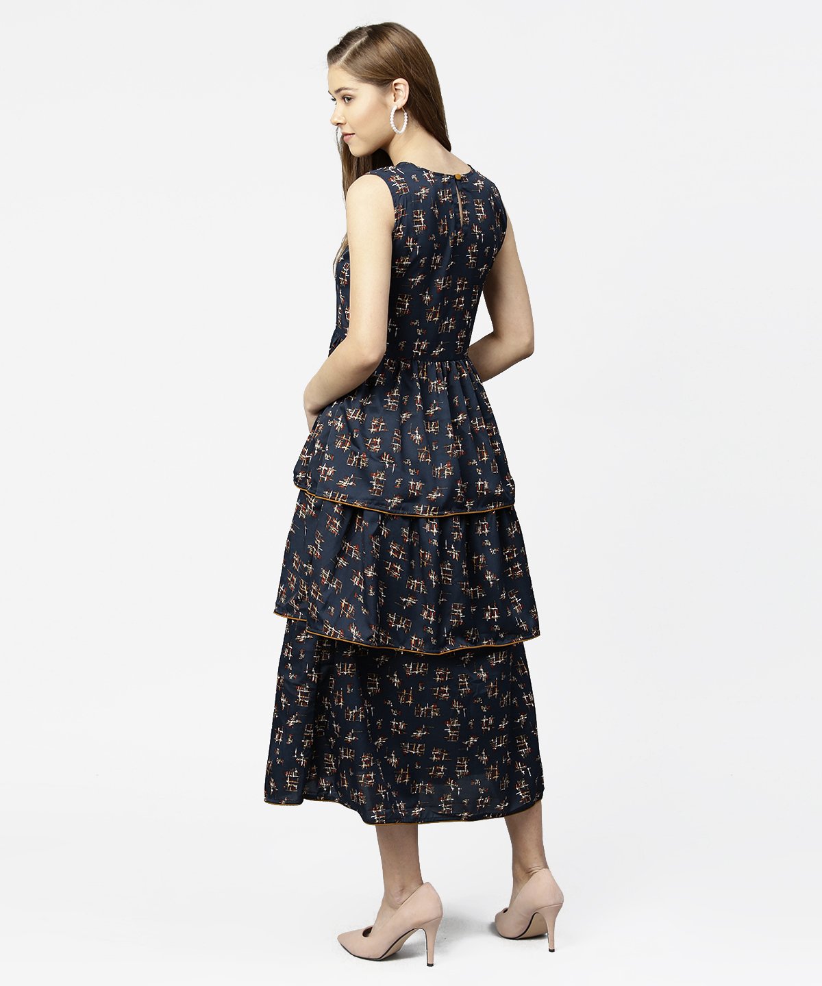 Blue Sleeveless Crepe Printed Multi Layred Maxi Dress | LASVINI - Redefining Indian Fashion with Elegance