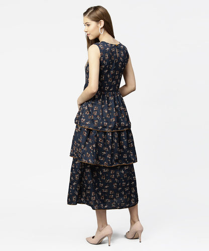 Blue Sleeveless Crepe Printed Multi Layred Maxi Dress | LASVINI - Redefining Indian Fashion with Elegance
