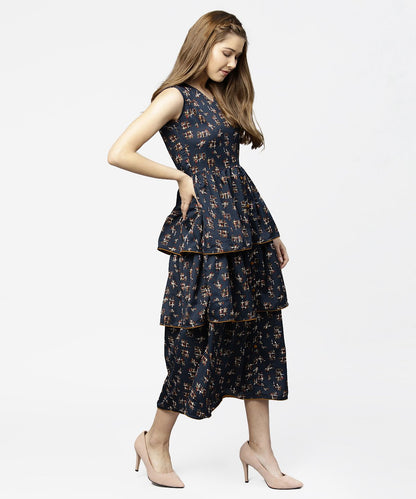 Blue Sleeveless Crepe Printed Multi Layred Maxi Dress | LASVINI - Redefining Indian Fashion with Elegance