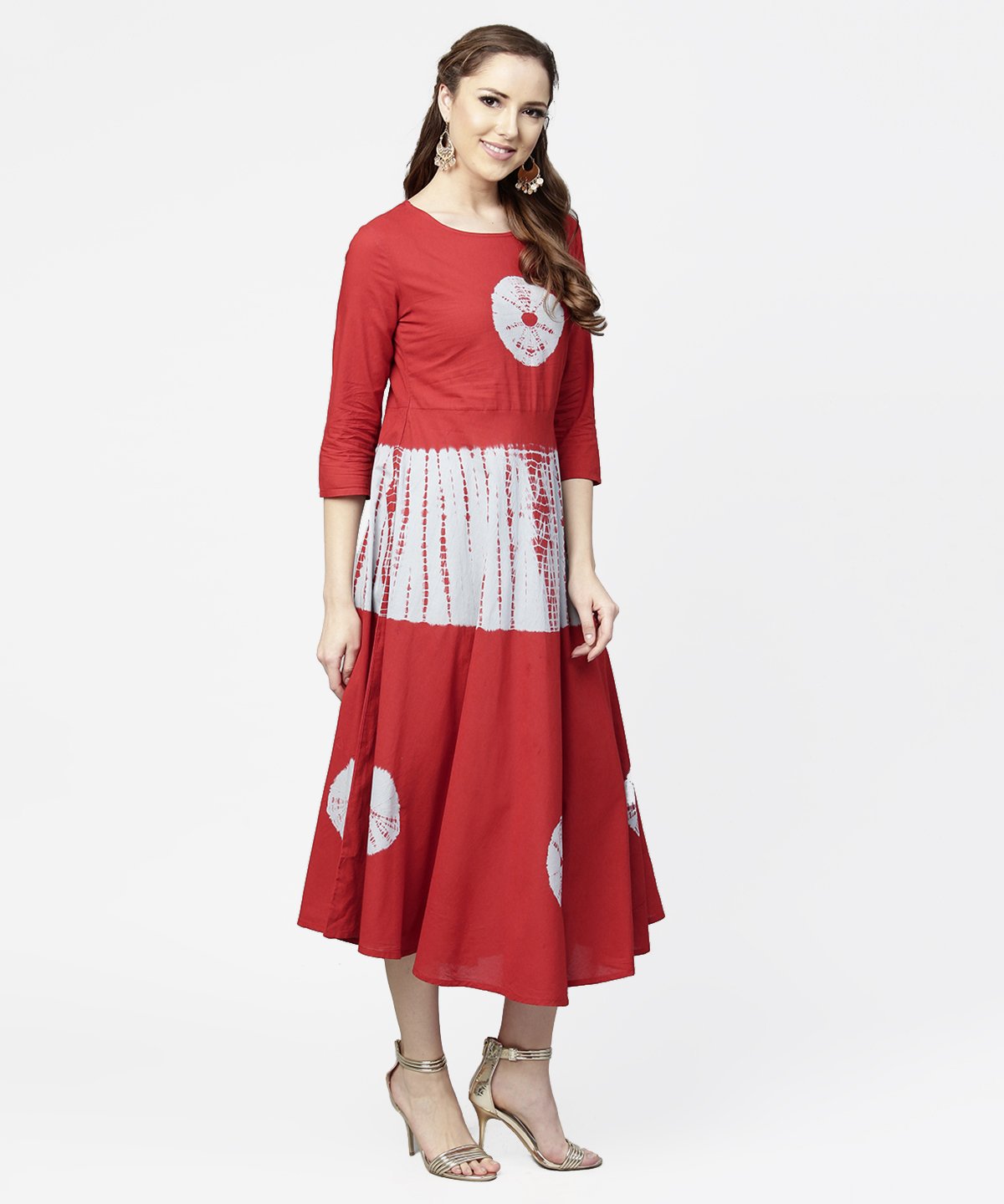 Red Tye Dye 3/4Th Sleeve Cotton Maxi Dress | LASVINI - Redefining Indian Fashion with Elegance