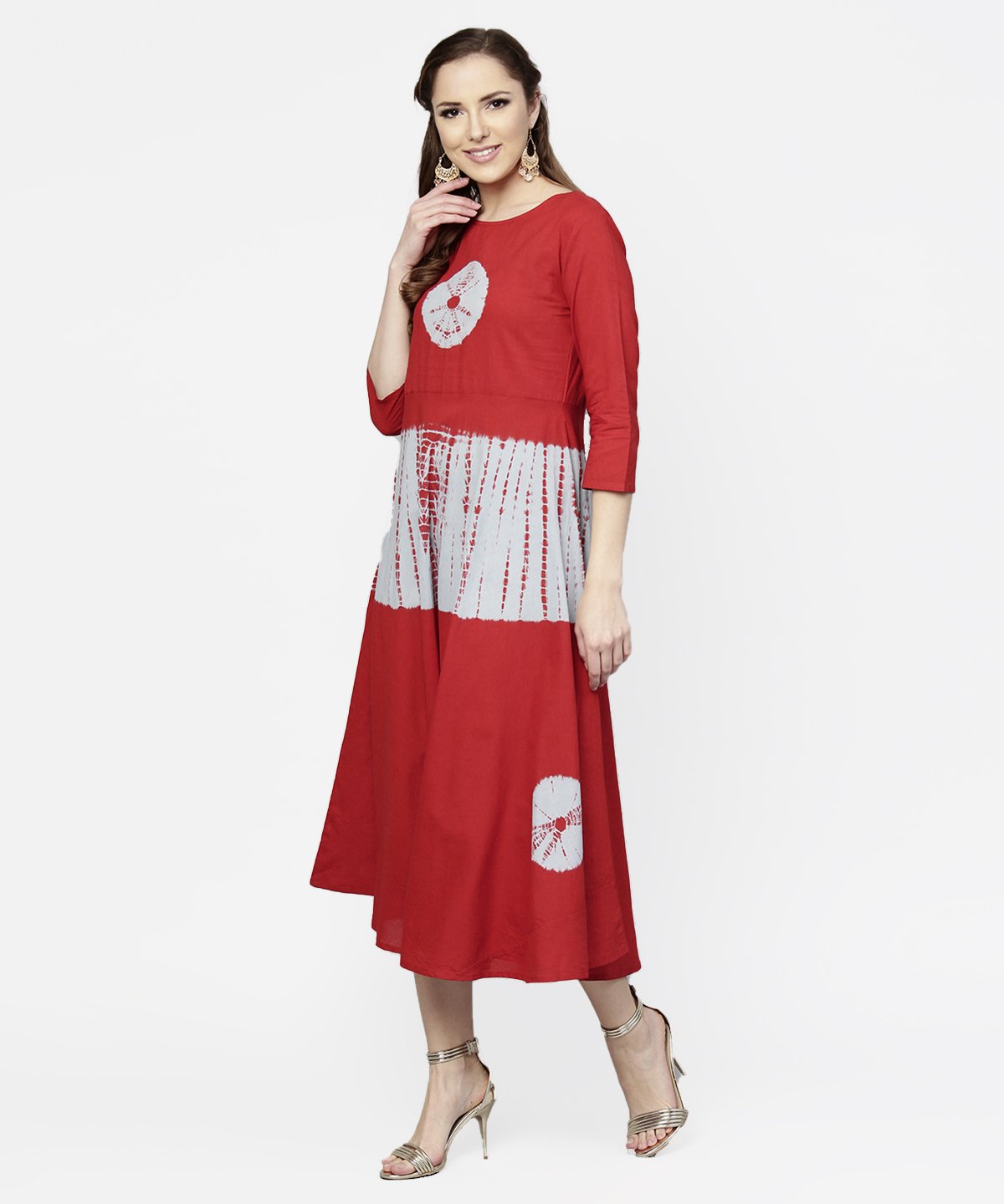 Red Tye Dye 3/4Th Sleeve Cotton Maxi Dress | LASVINI - Redefining Indian Fashion with Elegance