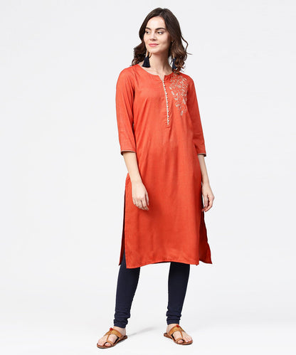 Peach Embroidery 3/4Th Sleeve Rayon Kurta | LASVINI - Redefining Indian Fashion with Elegance