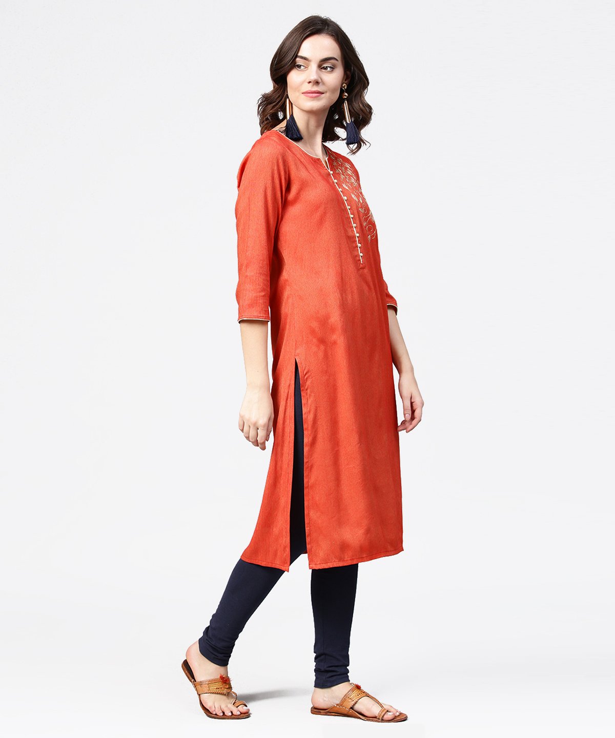 Peach Embroidery 3/4Th Sleeve Rayon Kurta | LASVINI - Redefining Indian Fashion with Elegance