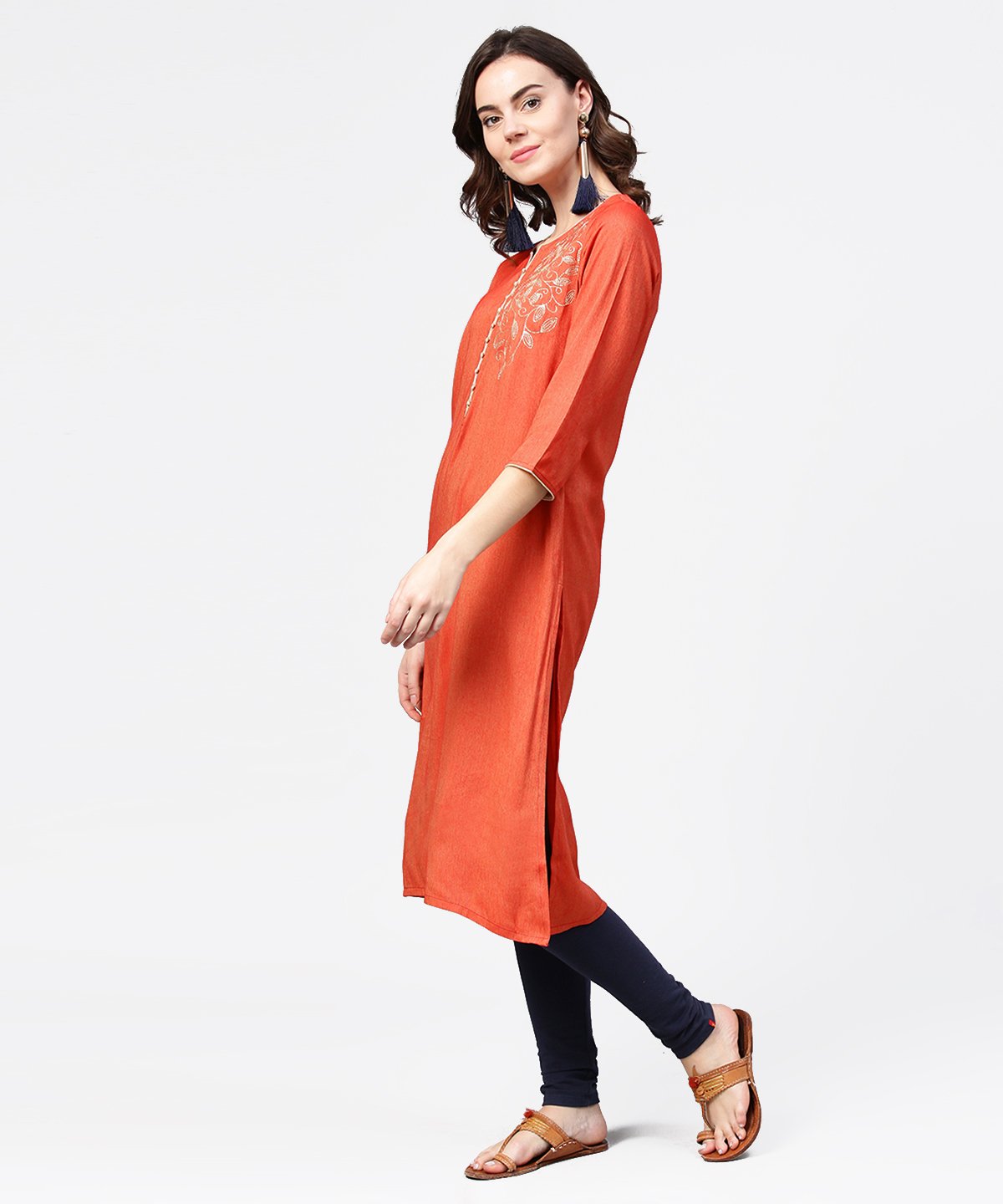 Peach Embroidery 3/4Th Sleeve Rayon Kurta | LASVINI - Redefining Indian Fashion with Elegance