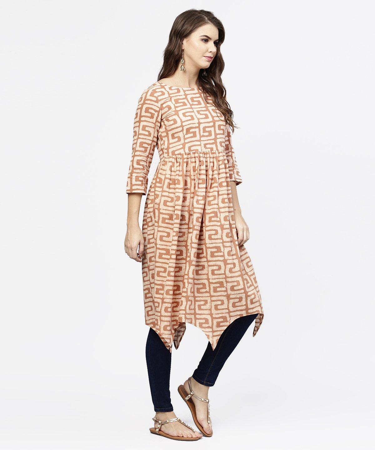 Peach Printed 3/4Th Sleeve Cotton Anarkali Kurta | LASVINI - Redefining Indian Fashion with Elegance