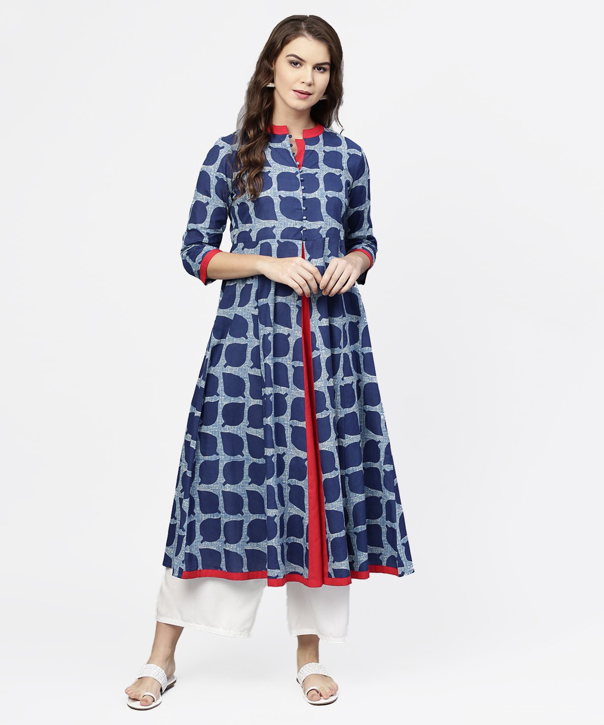 Blue Printed 3/4Th Sleeve Cotton Anarkali Kurta | LASVINI - Redefining Indian Fashion with Elegance