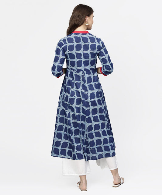 Blue Printed 3/4Th Sleeve Cotton Anarkali Kurta | LASVINI - Redefining Indian Fashion with Elegance