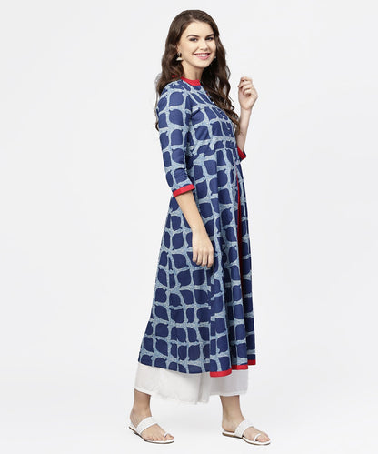 Blue Printed 3/4Th Sleeve Cotton Anarkali Kurta | LASVINI - Redefining Indian Fashion with Elegance