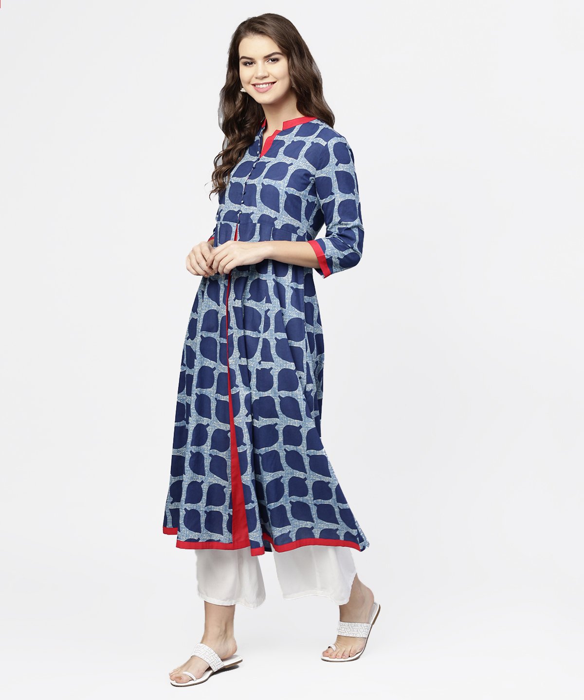 Blue Printed 3/4Th Sleeve Cotton Anarkali Kurta | LASVINI - Redefining Indian Fashion with Elegance