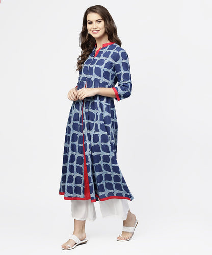 Blue Printed 3/4Th Sleeve Cotton Anarkali Kurta | LASVINI - Redefining Indian Fashion with Elegance