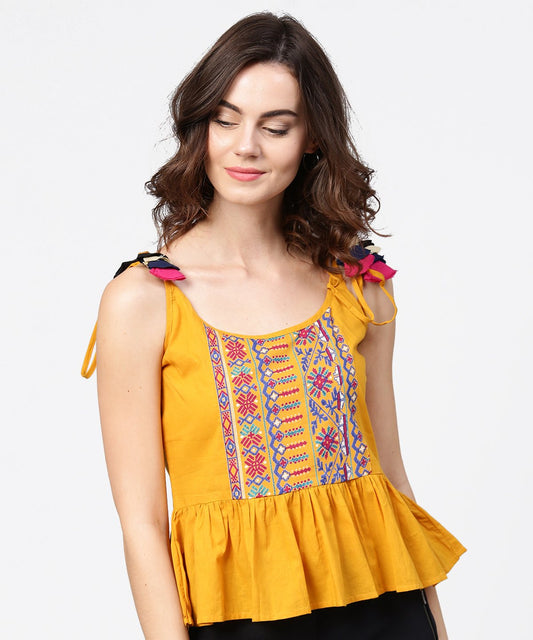 Yellow Yoke Design Cotton Tops With Dori Work At Shoulder | LASVINI - Redefining Indian Fashion with Elegance