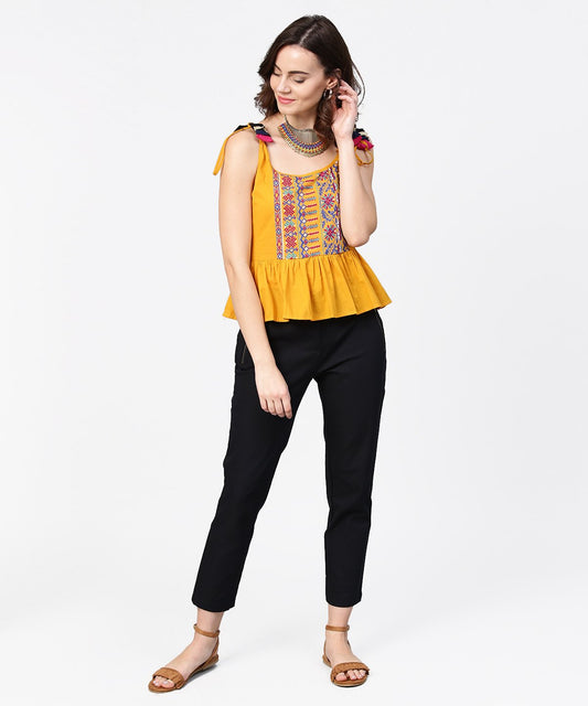 Yellow Yoke Design Cotton Tops With Dori Work At Shoulder | LASVINI - Redefining Indian Fashion with Elegance