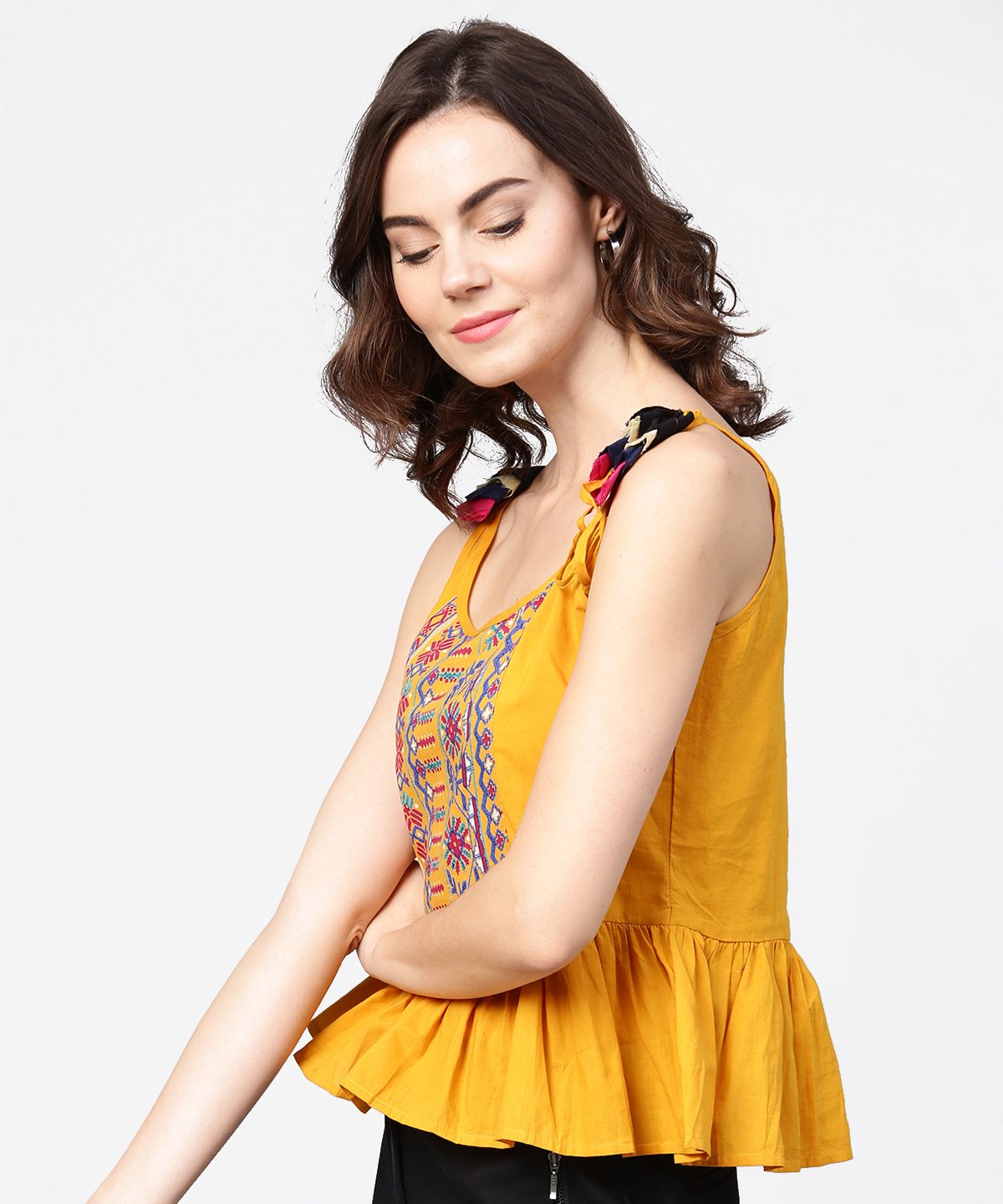 Yellow Yoke Design Cotton Tops With Dori Work At Shoulder | LASVINI - Redefining Indian Fashion with Elegance
