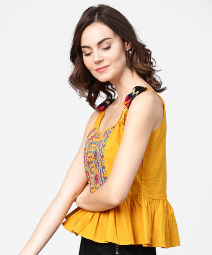 Yellow Yoke Design Cotton Tops With Dori Work At Shoulder | LASVINI - Redefining Indian Fashion with Elegance
