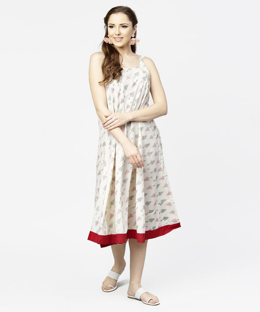 Off White Printed Sleeveless Cotton A-Line Dress | LASVINI - Redefining Indian Fashion with Elegance