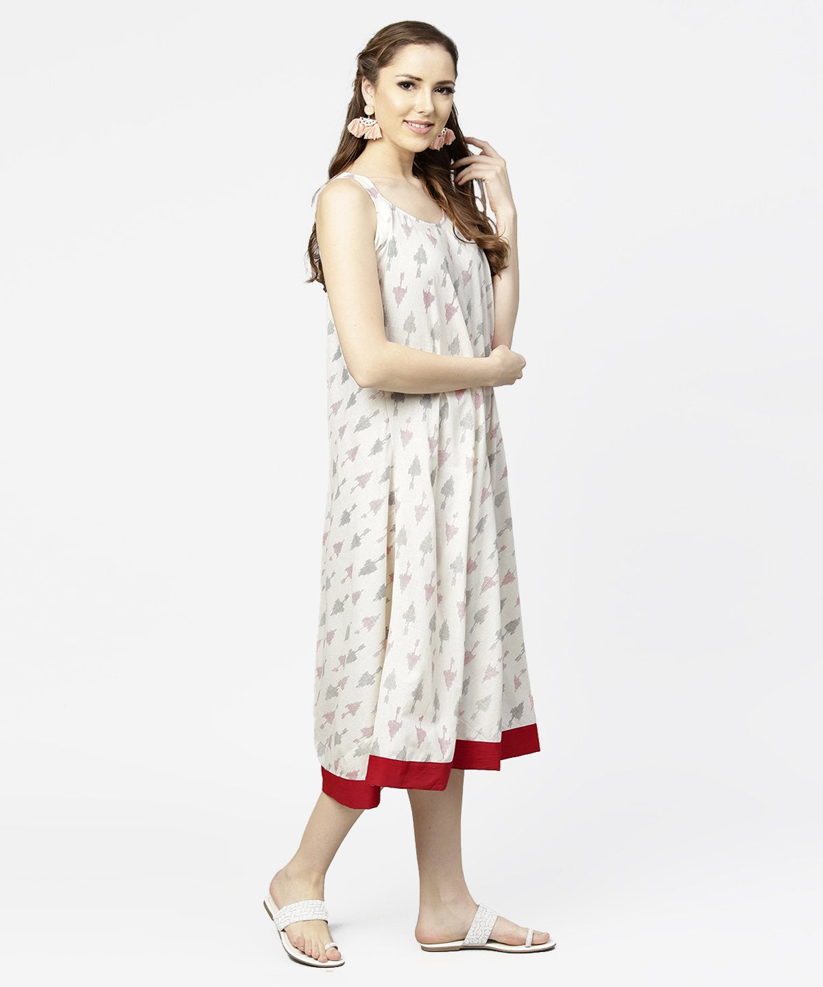 Off White Printed Sleeveless Cotton A-Line Dress | LASVINI - Redefining Indian Fashion with Elegance