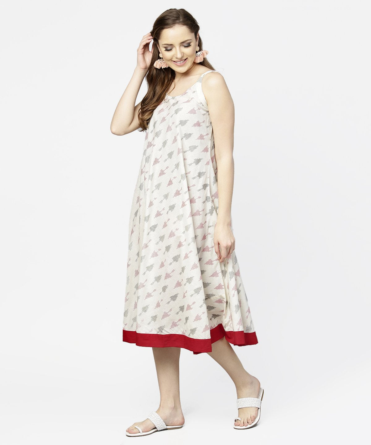 Off White Printed Sleeveless Cotton A-Line Dress | LASVINI - Redefining Indian Fashion with Elegance