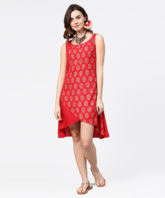 Red Printed Sleeveless Cotton Low High Tunic | LASVINI - Redefining Indian Fashion with Elegance