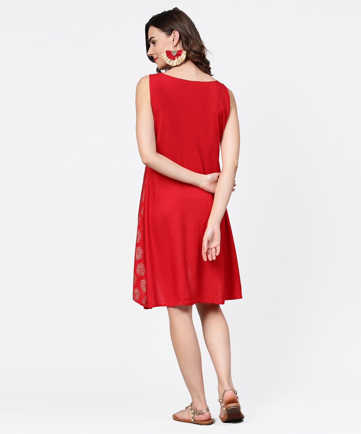 Red Printed Sleeveless Cotton Low High Tunic | LASVINI - Redefining Indian Fashion with Elegance