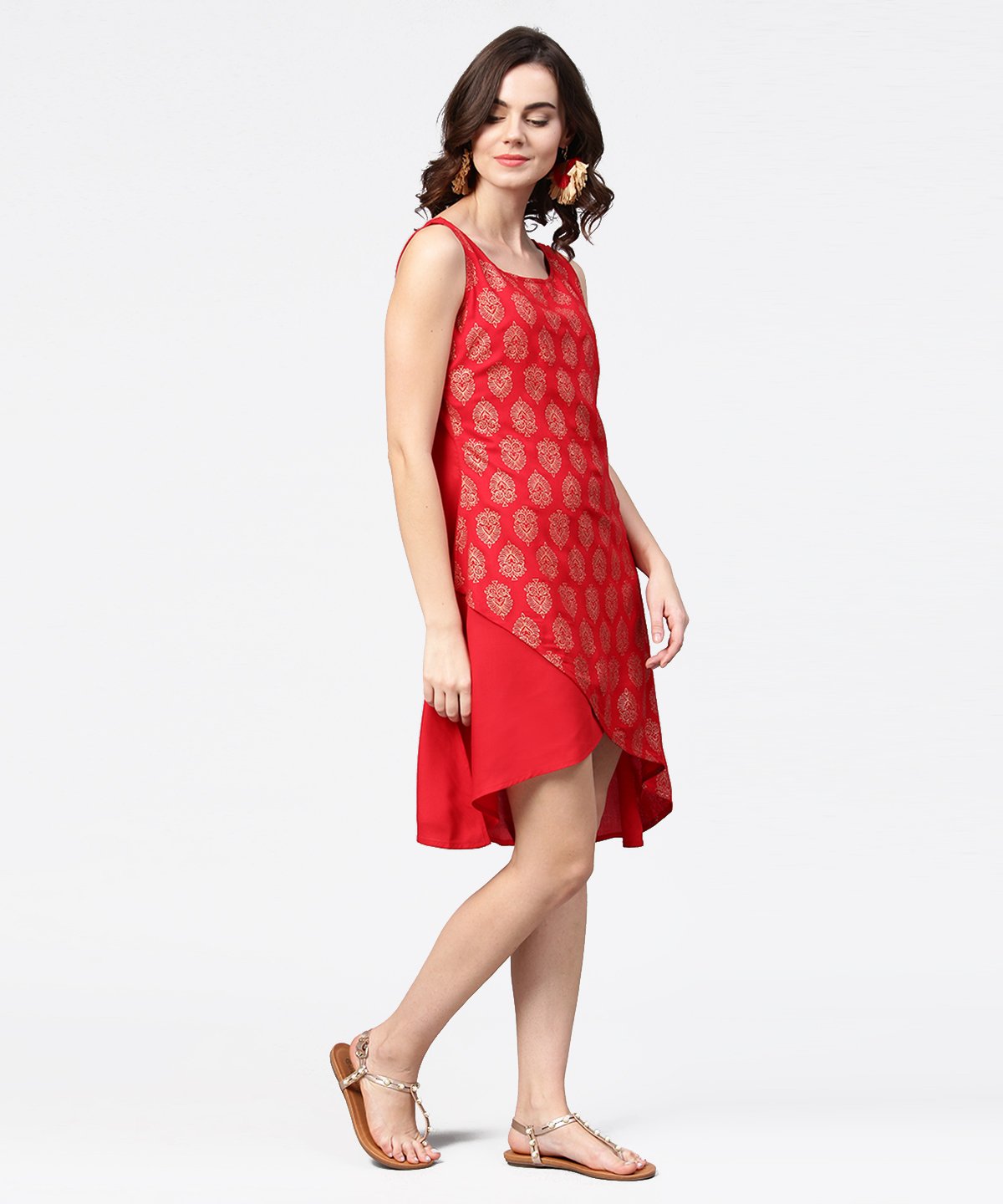 Red Printed Sleeveless Cotton Low High Tunic | LASVINI - Redefining Indian Fashion with Elegance