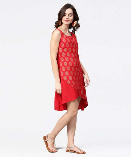Red Printed Sleeveless Cotton Low High Tunic | LASVINI - Redefining Indian Fashion with Elegance